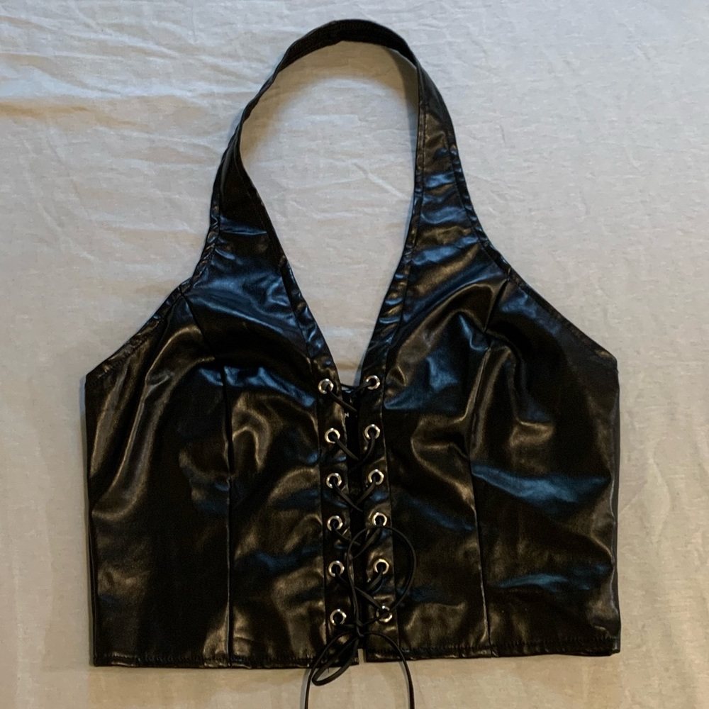 Shein leather halter lace up crop top size medium